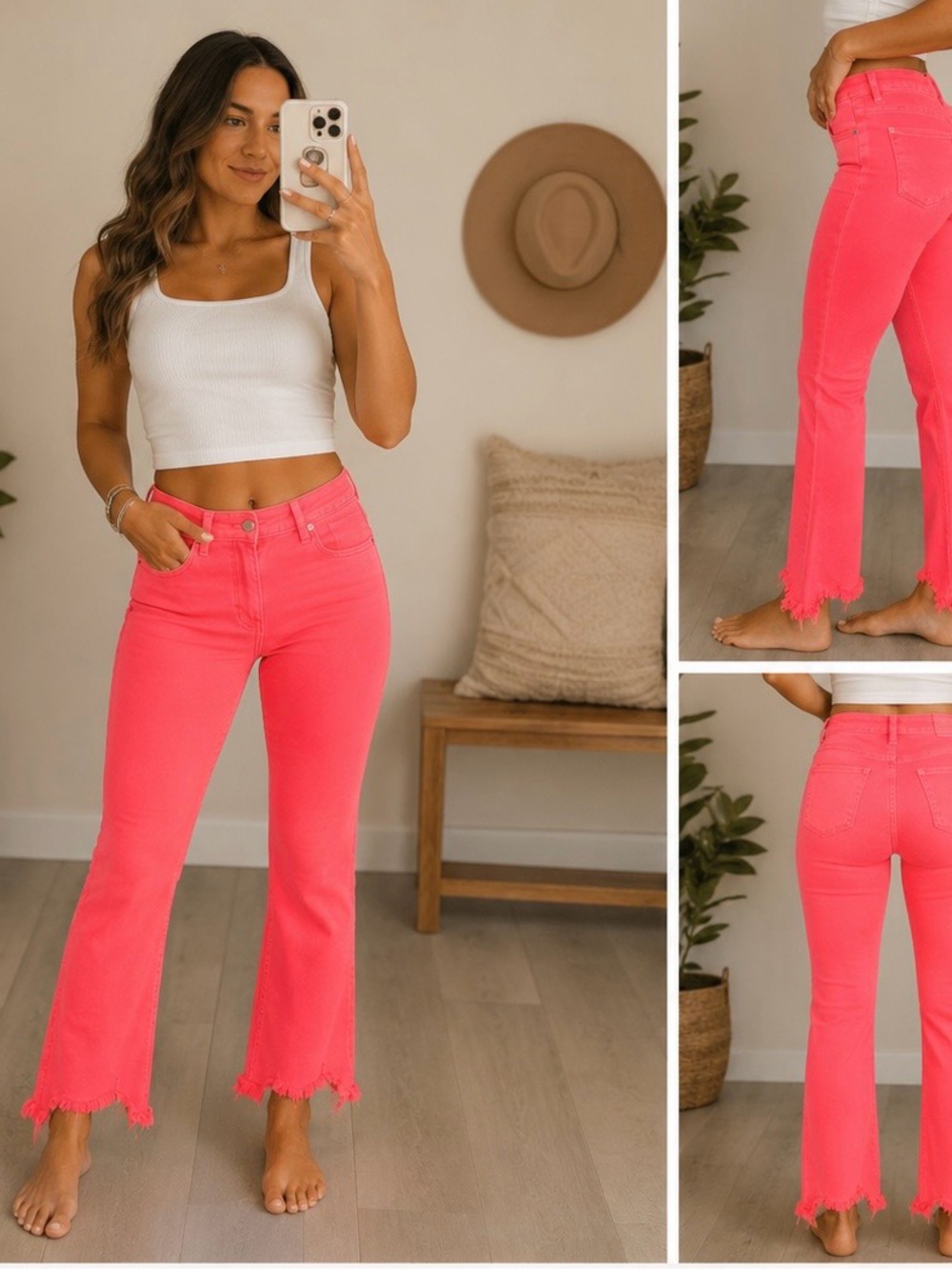 iris Neon Pink Raw-Hem Flare Jeans